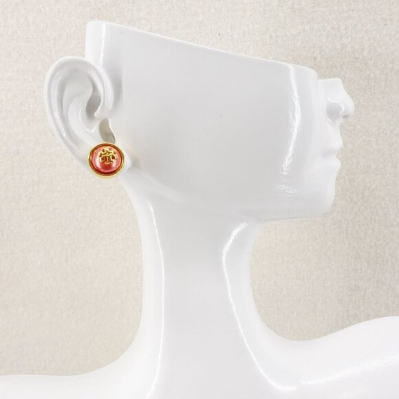Tory Burch Melodie Pearl Logo Stud Dome Earrings Peach Pink/Tory Gold OS - Picture 5 of 12
